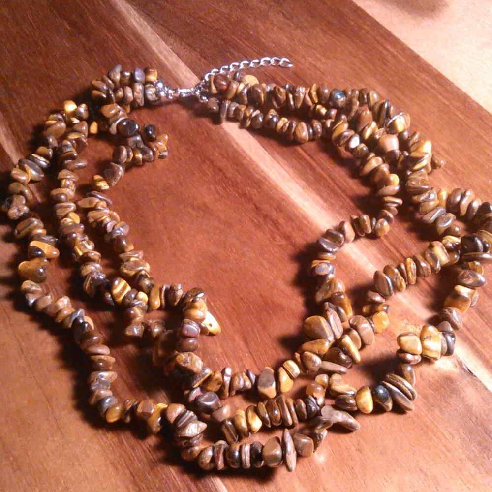 Three Row Tiger's Eye Chips Silvertone Necklace